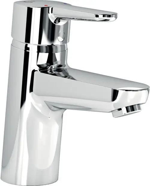 Edelstahl Waschtischarmatur von Ideal Standard mit einem verchromten Oberflächenfinish und einem handlichen Auslauf. Klare Linienführung, geeignet für moderne Waschbecken.